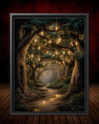 Enchanted Fairy Lanterns Woodland Trees Print, Glowing Forest Path, Fireflies Fantasy Decor