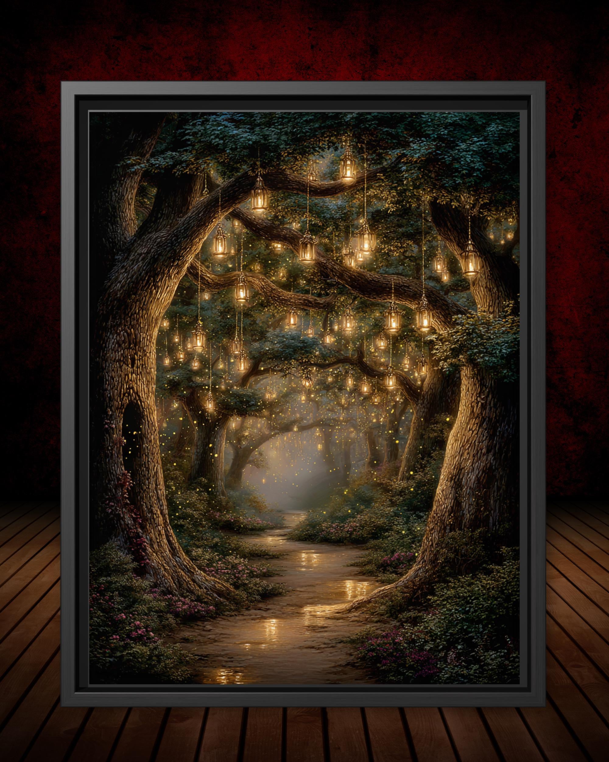 Enchanted Fairy Lanterns Woodland Trees Print, Glowing Forest Path, Fireflies Fantasy Decor