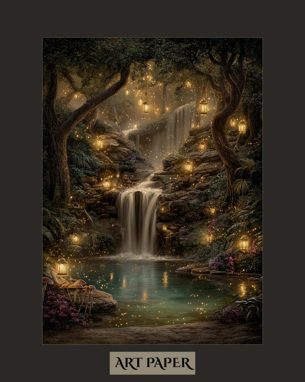 Enchanted Woodland Waterfall Print, Fireflies and Golden Lights Magical Forest Tree Painting