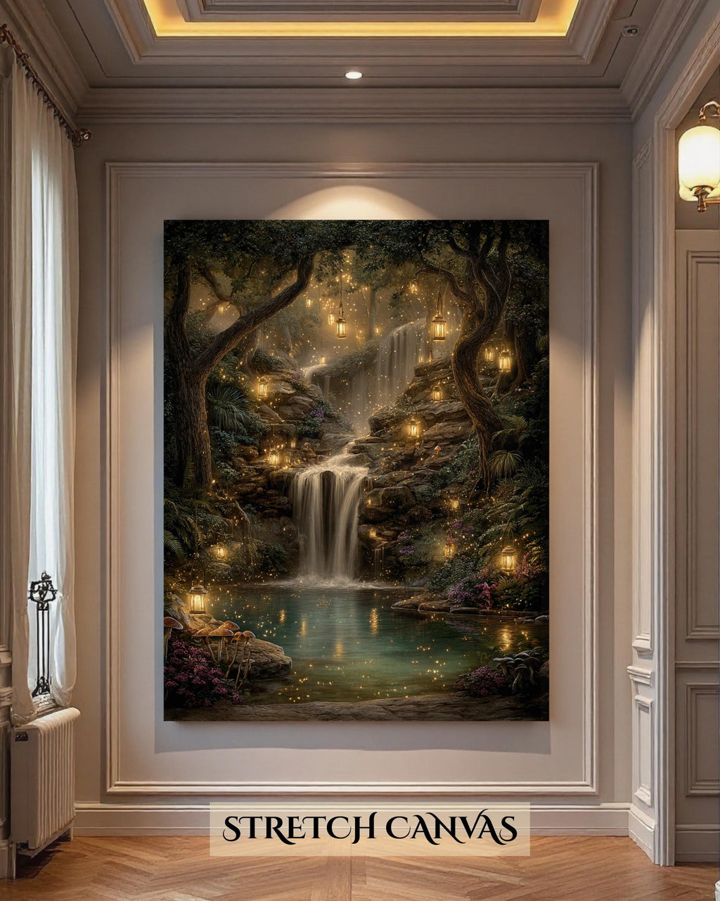 Enchanted Woodland Waterfall Print, Fireflies and Golden Lights Magical Forest Tree Painting