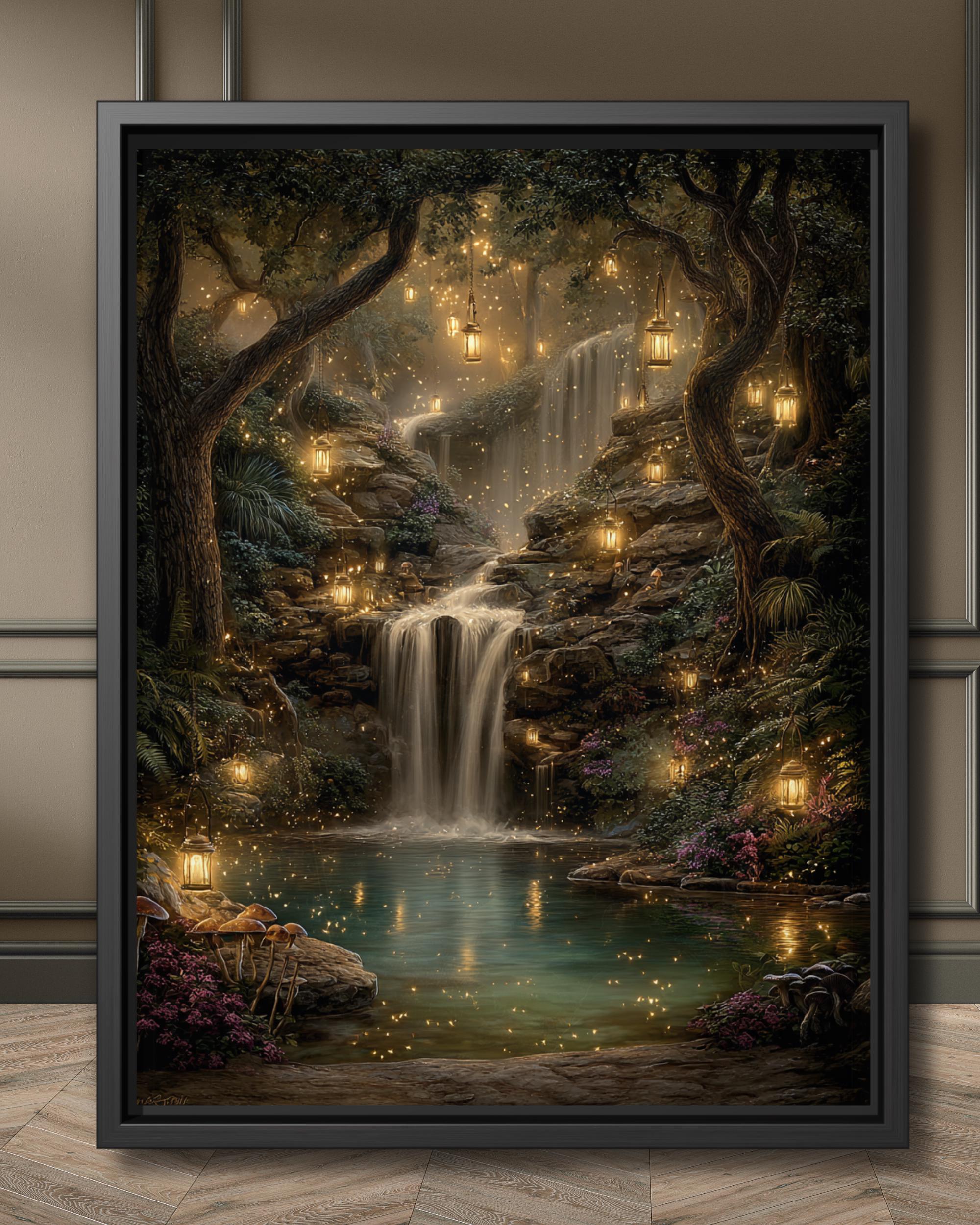 Enchanted Woodland Waterfall Print, Fireflies and Golden Lights Magical Forest Tree Painting