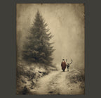 Father Christmas with Reindeer Wall Art Print, Vintage Winter Forest Scene Painting