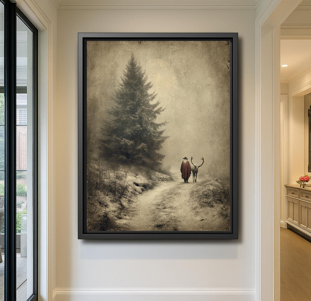 Father Christmas with Reindeer Wall Art Print, Vintage Winter Forest Scene Painting