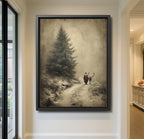 Father Christmas with Reindeer Wall Art Print, Vintage Winter Forest Scene Painting