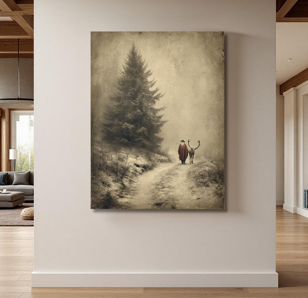 Father Christmas with Reindeer Wall Art Print, Vintage Winter Forest Scene Painting