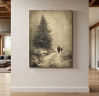 Father Christmas with Reindeer Wall Art Print, Vintage Winter Forest Scene Painting