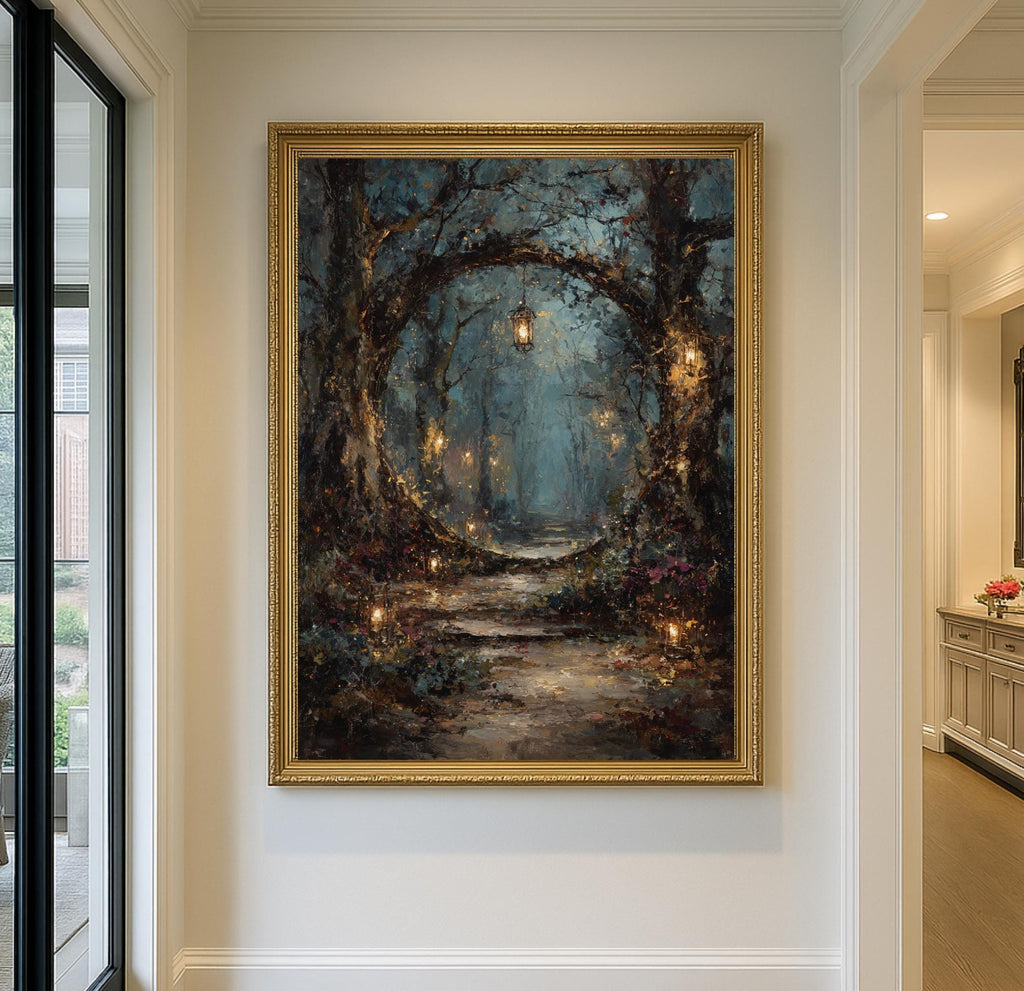 Winter Forest Circular Portal Through Trees, Wall Art Print Woodland Path with Glowing Lanterns,