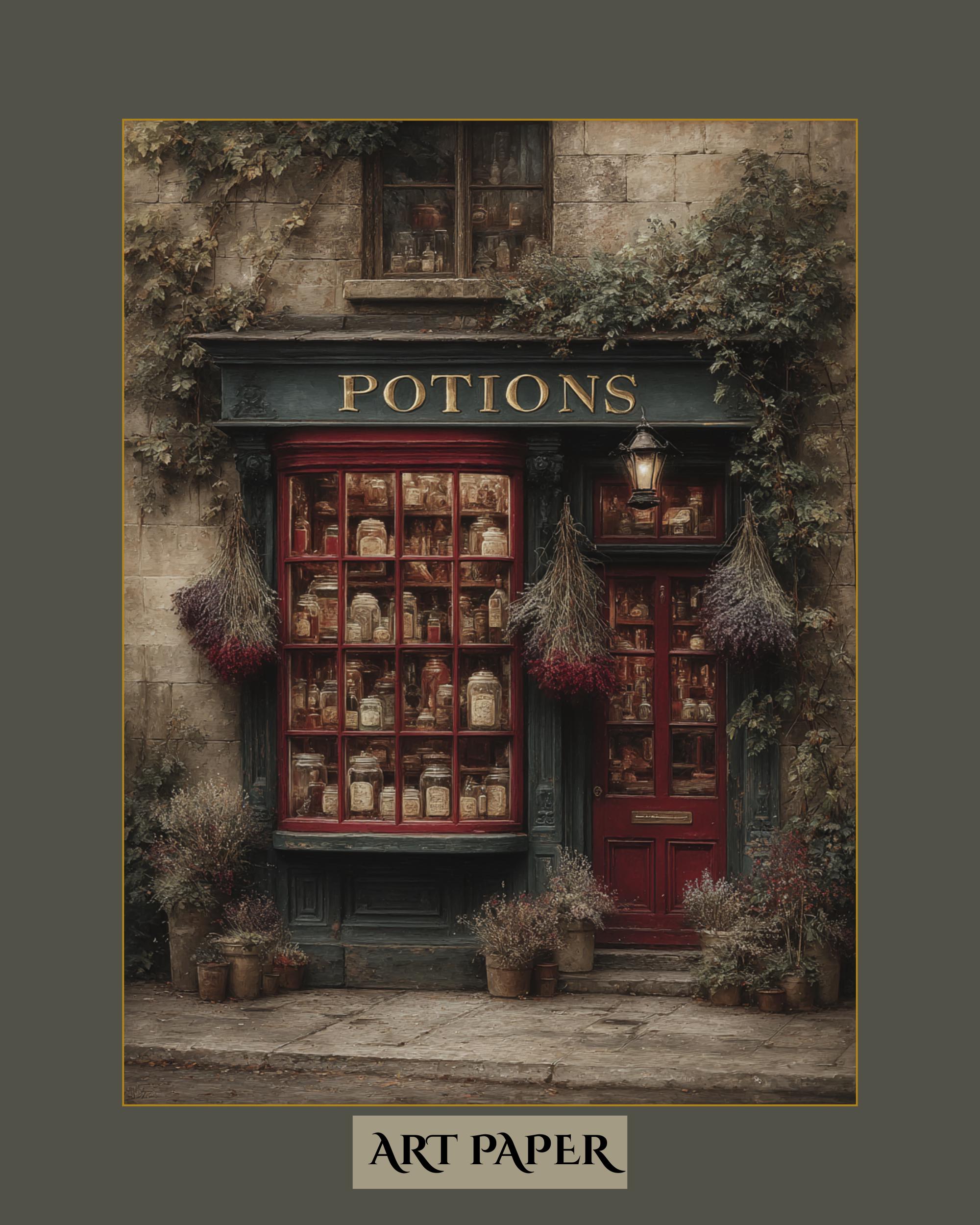 Vintage Apothecary Potion Storefront Art Print, Cobblestone Street Scene Painting