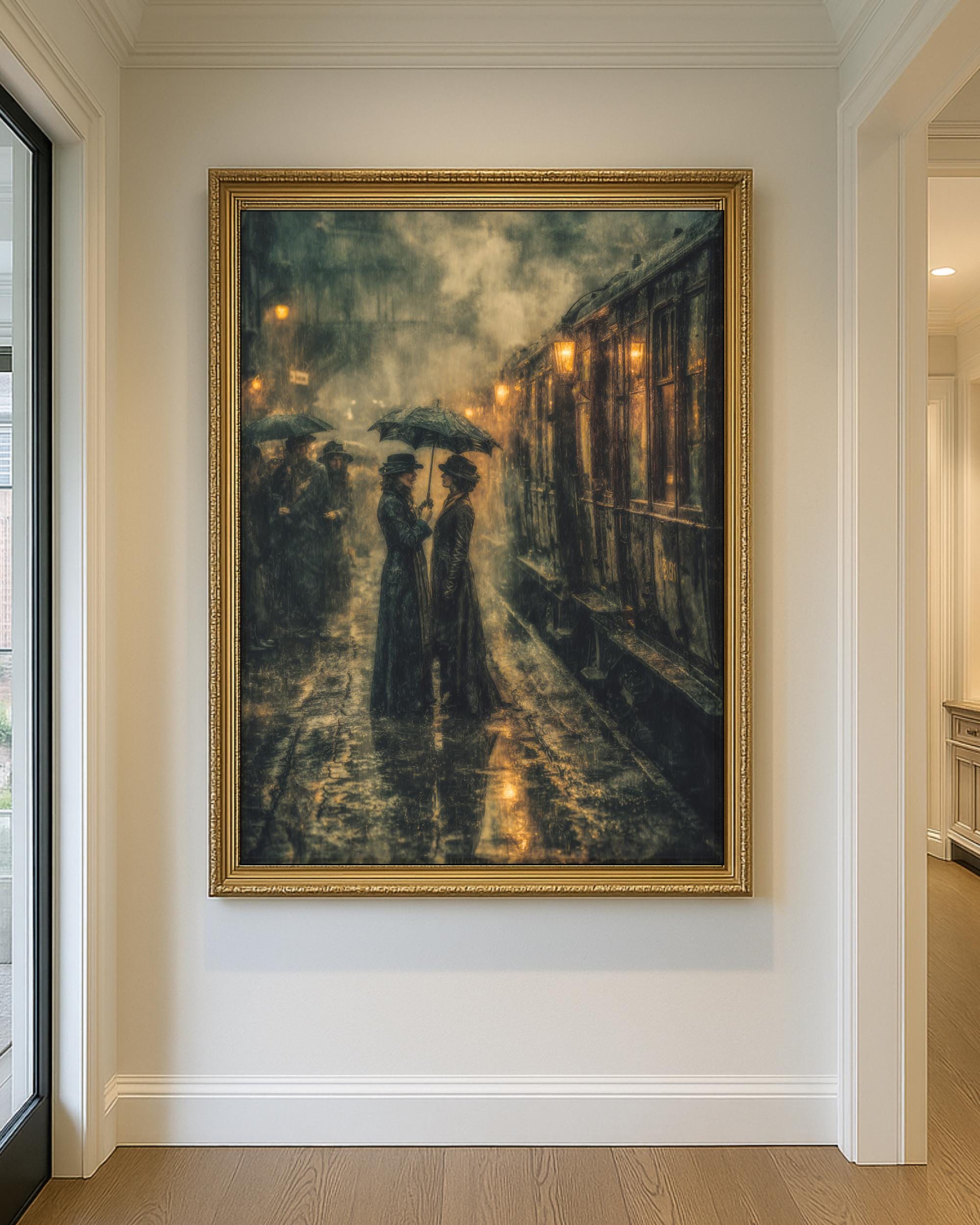 Victorian Train Station Art Print, Romantic Female Couple Painting, Moody Vintage London Wall Decor Secondary image