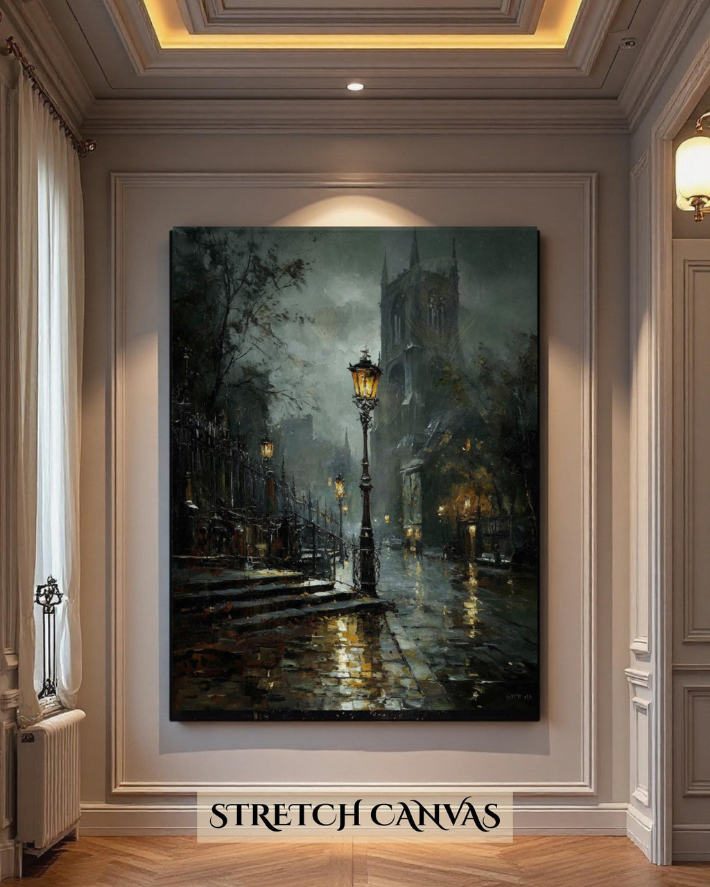 Victorian London Street Art Print, Gothic Cathedral, Rainy Cobblestone Decor