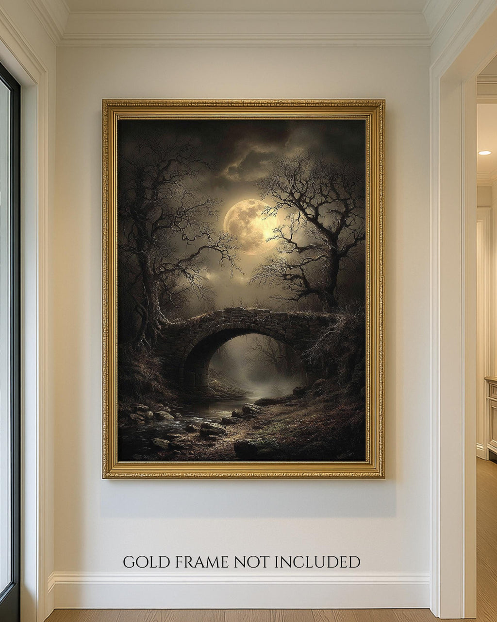 Moonlit Bridge Art Print Full Moon Dark Forest Misty Landscape, Spooky Creepy Haunted Painting