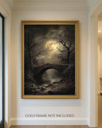 Moonlit Bridge Art Print Full Moon Dark Forest Misty Landscape, Spooky Creepy Haunted Painting