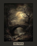 Moonlit Bridge Art Print Full Moon Dark Forest Misty Landscape, Spooky Creepy Haunted Painting
