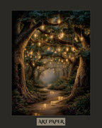 Enchanted Fairy Lanterns Woodland Trees Print, Glowing Forest Path, Fireflies Fantasy Decor