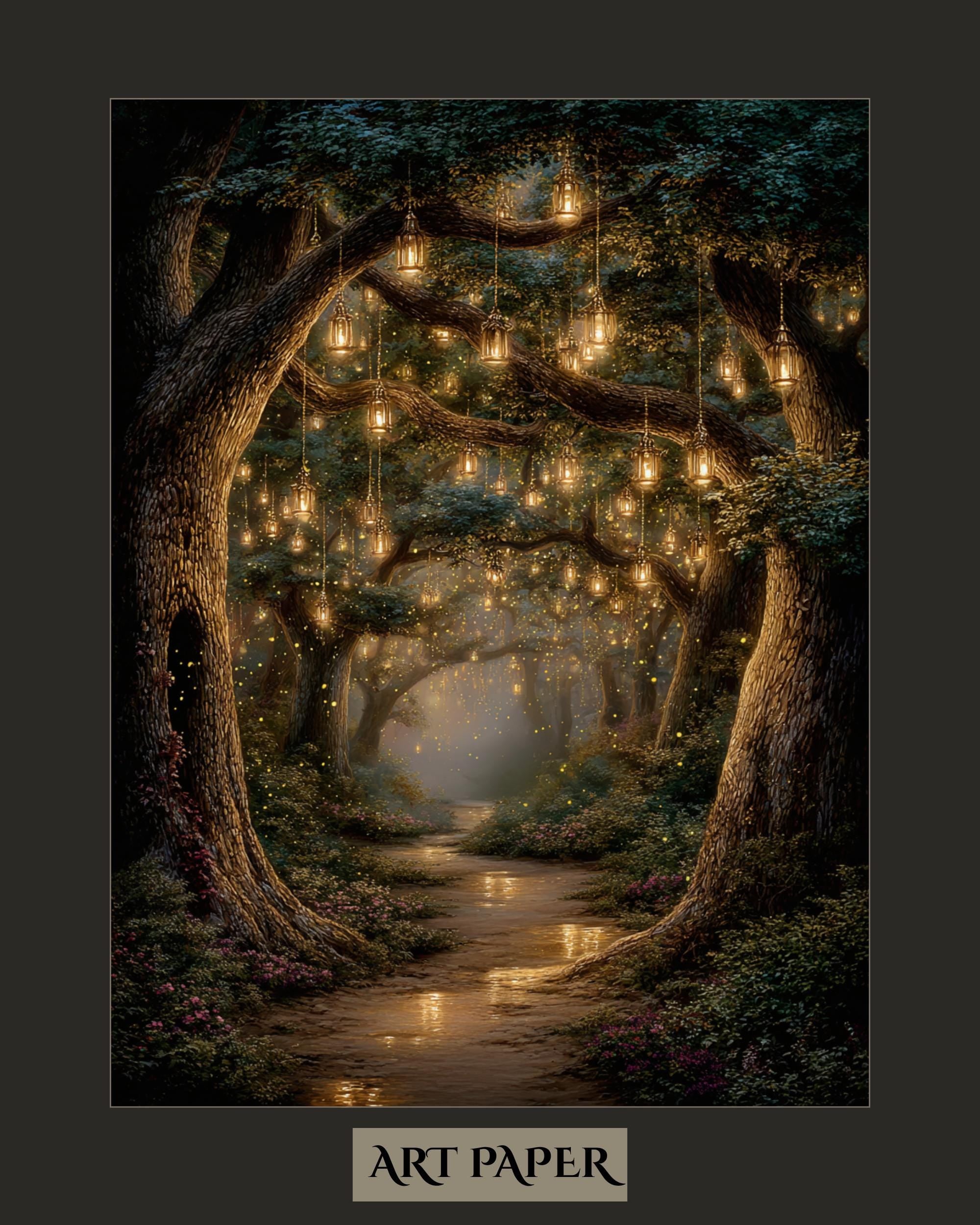 Enchanted Fairy Lanterns Woodland Trees Print, Glowing Forest Path, Fireflies Fantasy Decor