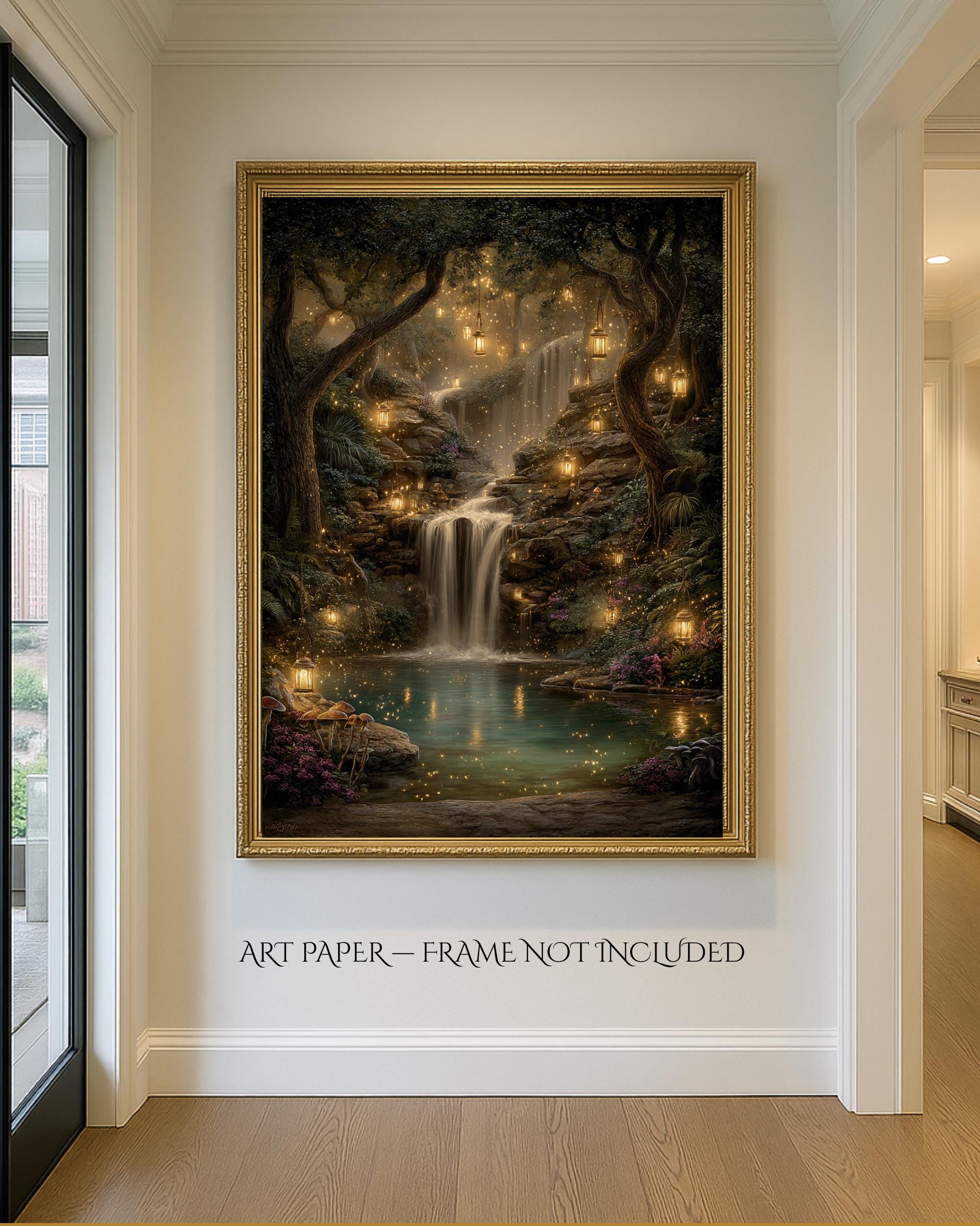 Enchanted Woodland Waterfall Print, Fireflies and Golden Lights Magical Forest Tree Painting