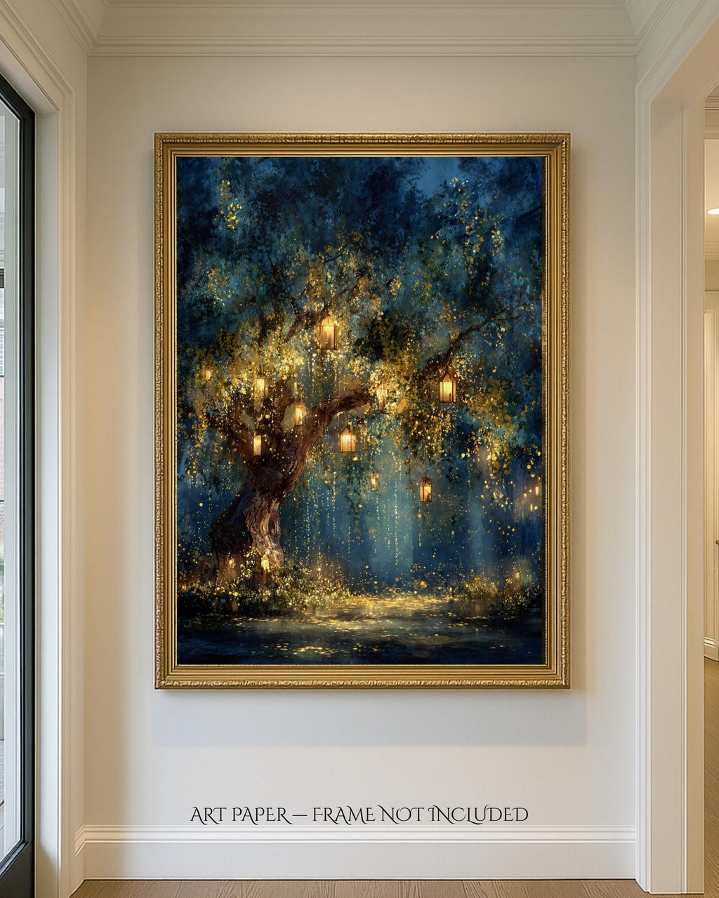 Firefly Lantern Tree Art Print Blue Sky Woodland at Night Magical Fairy Lights Painting,