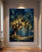 Firefly Lantern Tree Art Print Blue Sky Woodland at Night Magical Fairy Lights Painting,
