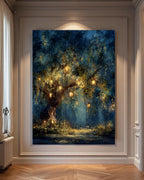 Firefly Lantern Tree Art Print Blue Sky Woodland at Night Magical Fairy Lights Painting,