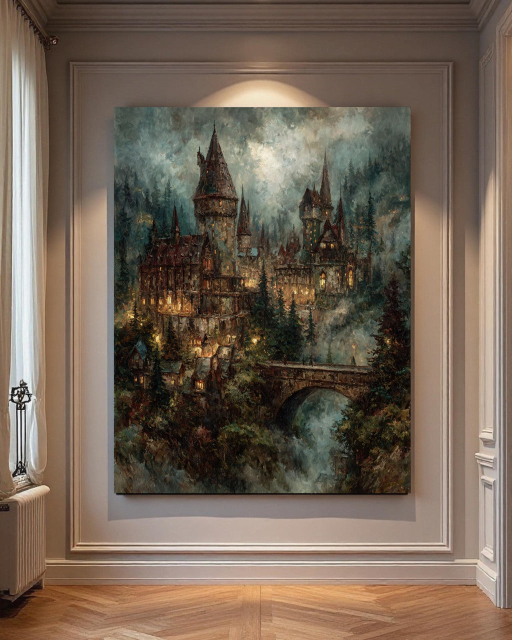 Creepy Castle Wall Art Print, Dark Academia Decor, Medieval Fortress Printed Oil Painting