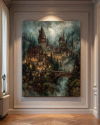Creepy Castle Wall Art Print, Dark Academia Decor, Medieval Fortress Printed Oil Painting