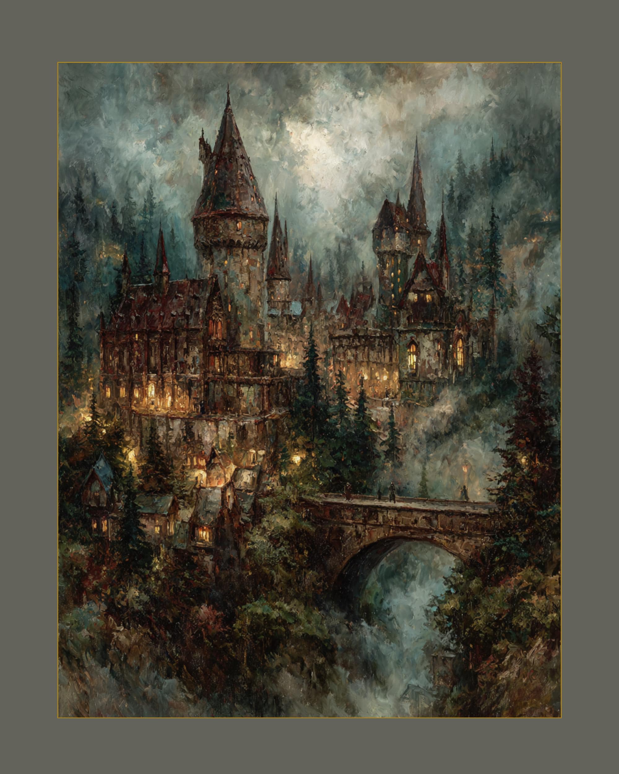 Creepy Castle Wall Art Print, Dark Academia Decor, Medieval Fortress Printed Oil Painting