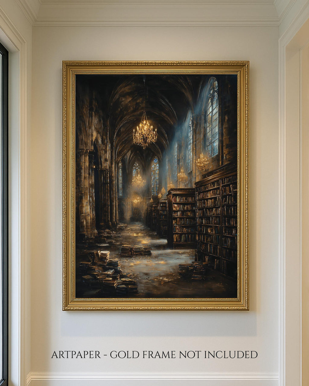 Gothic Cathedral Library Print, Medieval Stone Architecture, Atmospheric oil Painting Style Decor