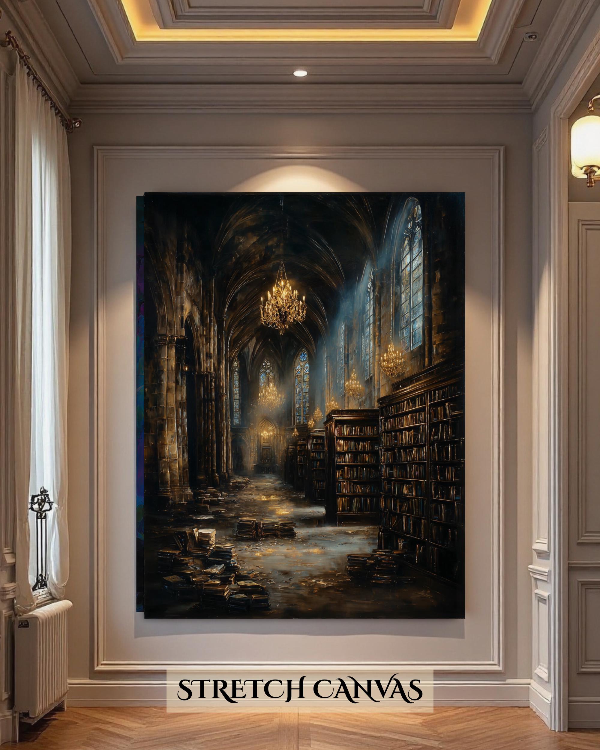 Gothic Cathedral Library Print, Medieval Stone Architecture, Atmospheric oil Painting Style Decor
