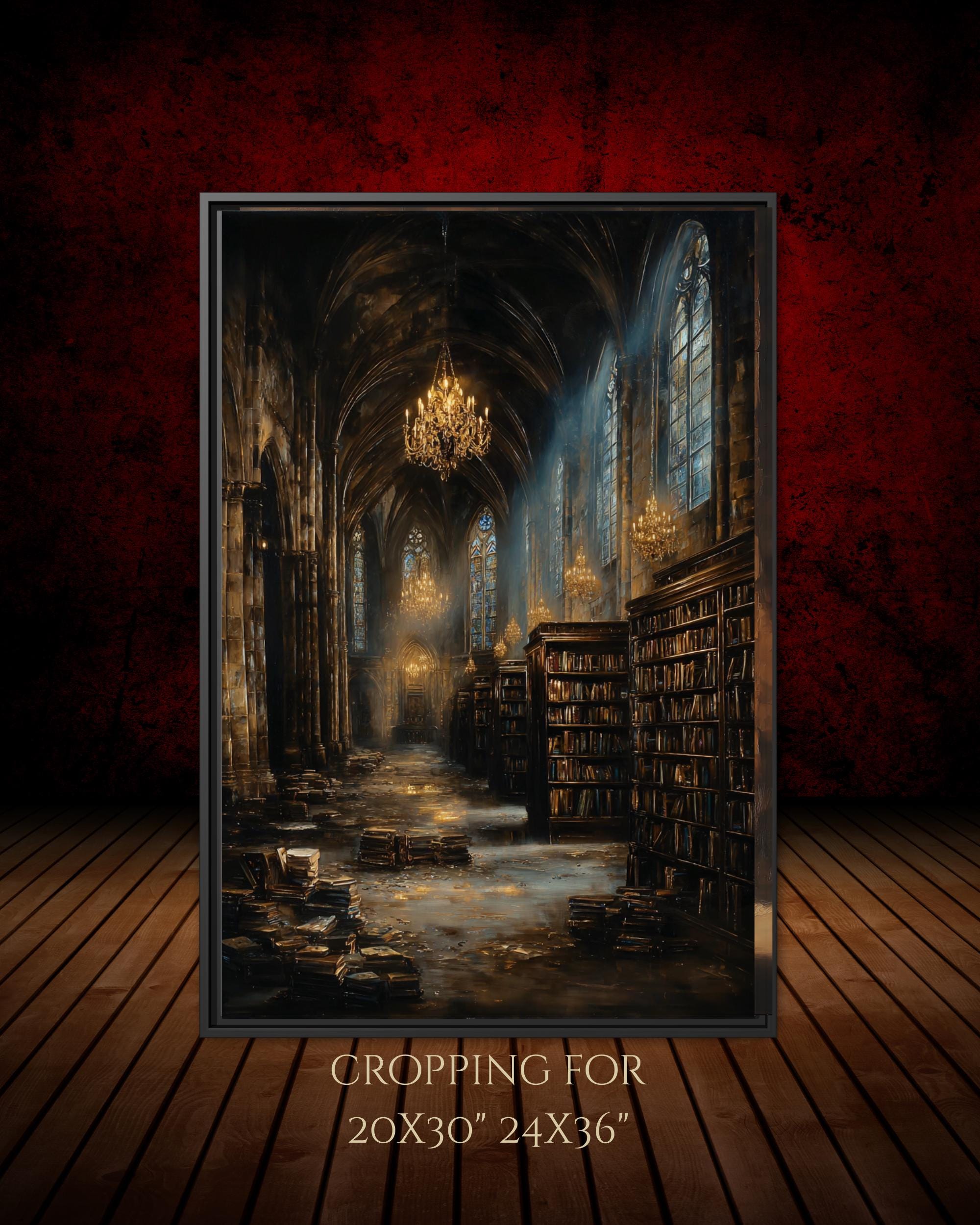 Gothic Cathedral Library Print, Medieval Stone Architecture, Atmospheric oil Painting Style Decor