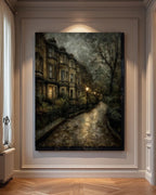 Victorian London Street Art Print, Gothic Row Houses, Gaslight Night Scene, Oil Style Painting
