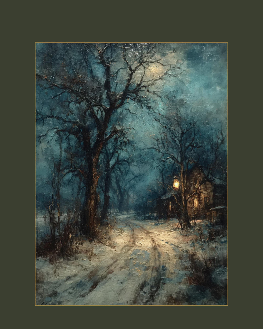 Winter Cottage Snowy Path Art Print, Moody Snow Scene, Wintery Moon Tree Silhouette Painting