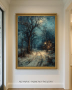 Winter Cottage Snowy Path Art Print, Moody Snow Scene, Wintery Moon Tree Silhouette Painting