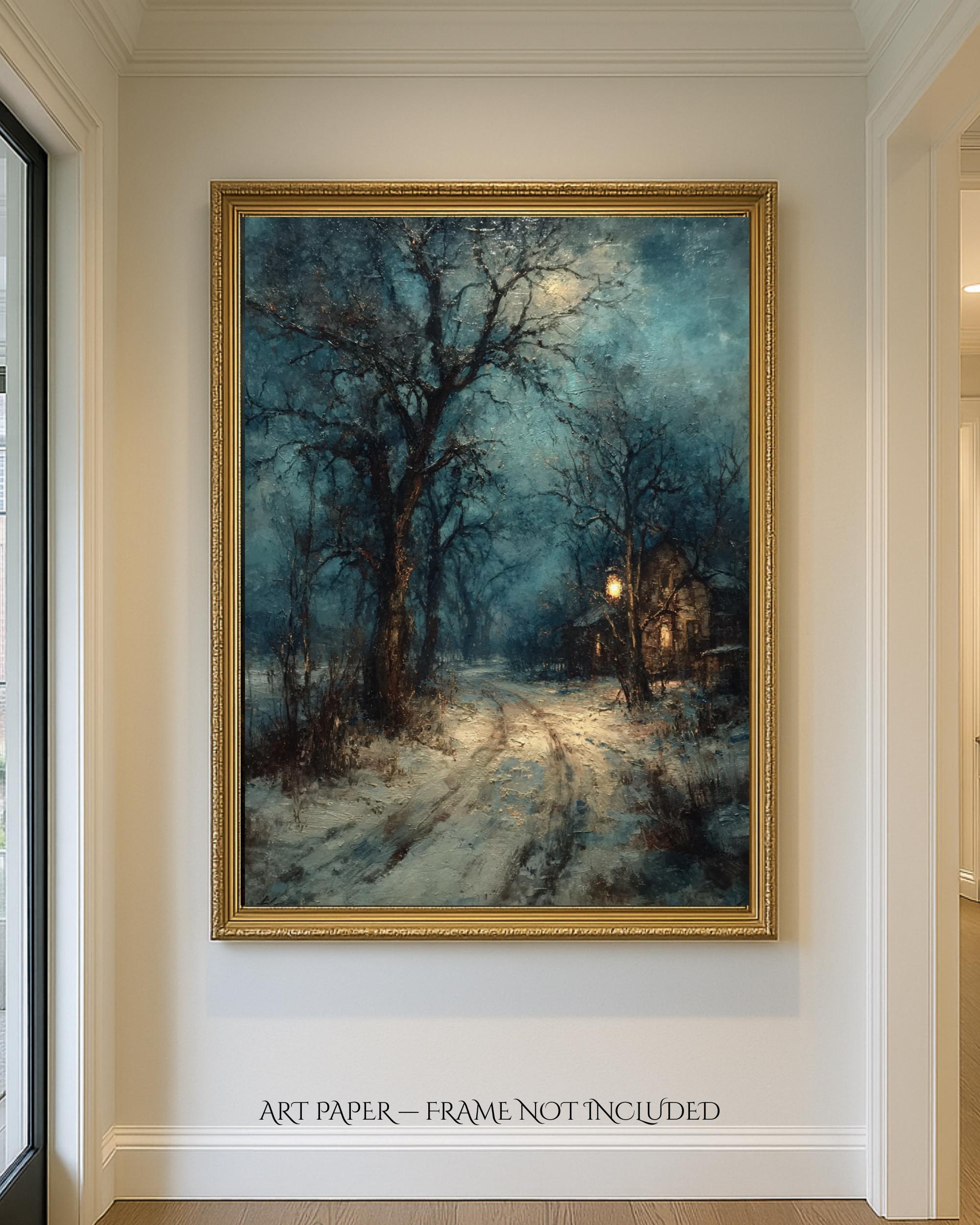 Winter Cottage Snowy Path Art Print, Moody Snow Scene, Wintery Moon Tree Silhouette Painting