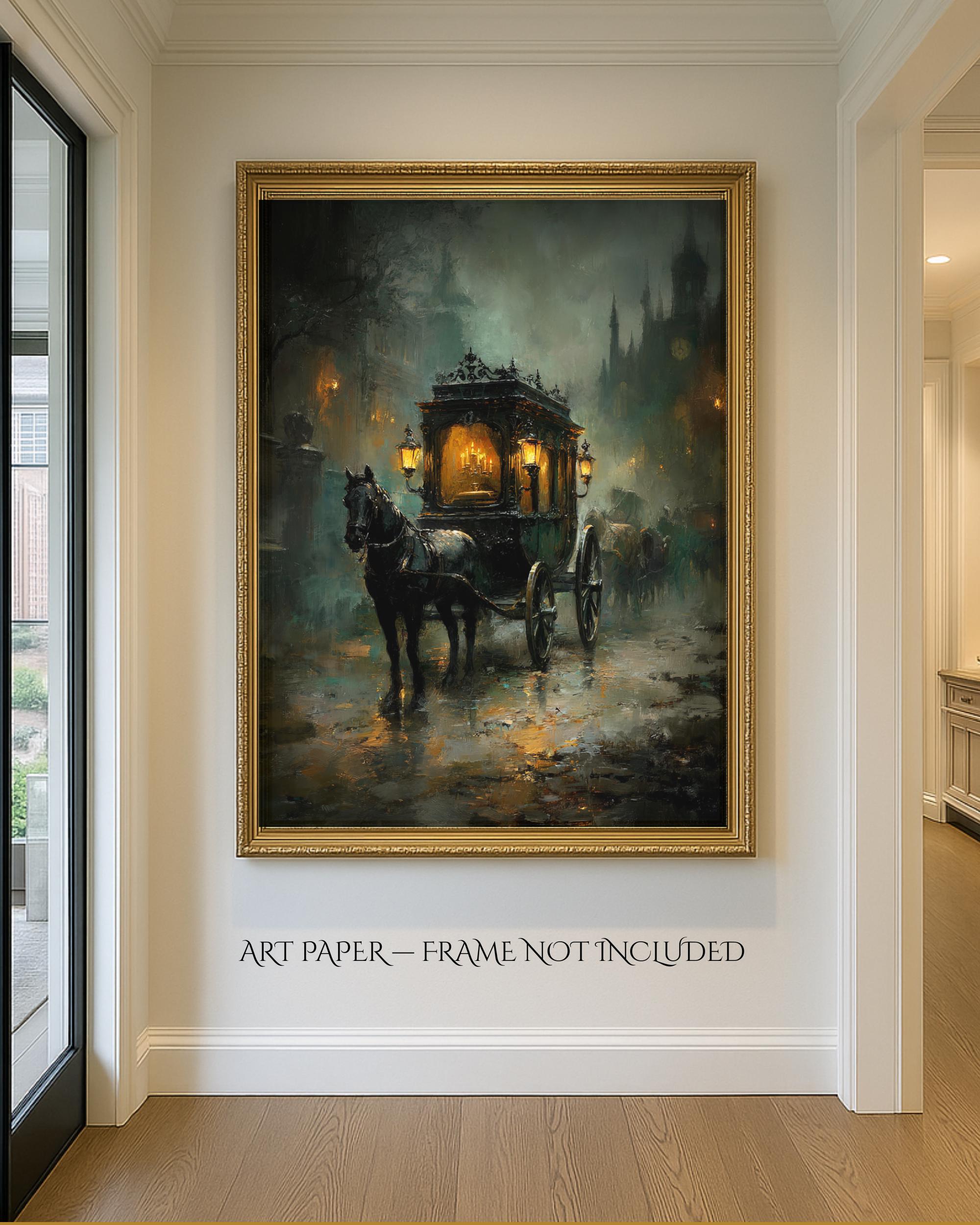 Victorian Funeral Hearse Art Print Horse Drawn Carriage Artwork, Vintage London Streets, Moody Decor Secondary image