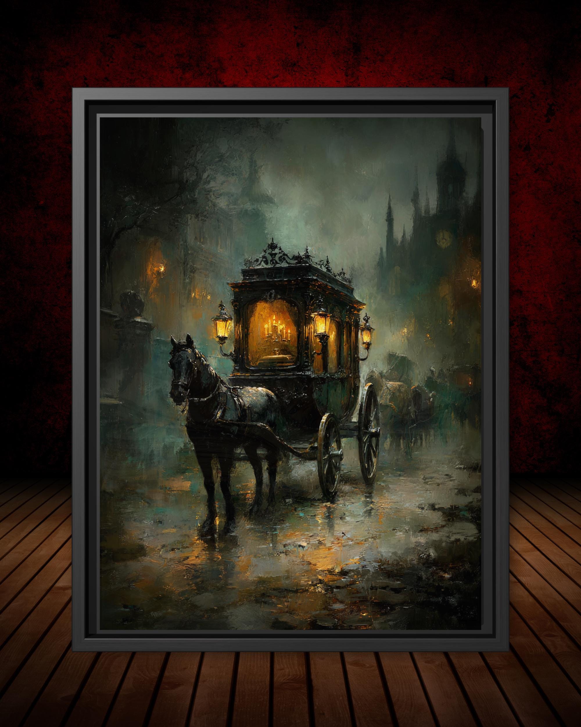 Victorian Funeral Hearse Art Print Horse Drawn Carriage Artwork, Vintage London Streets, Moody Decor Main image