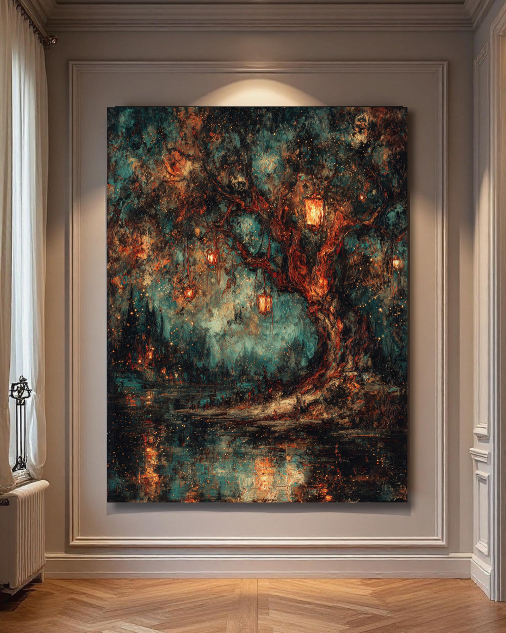 Lantern Tree Art Print, Gothic Night Forest Painting, Dark Academia Glowing Woodland Decor