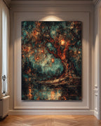 Lantern Tree Art Print, Gothic Night Forest Painting, Dark Academia Glowing Woodland Decor