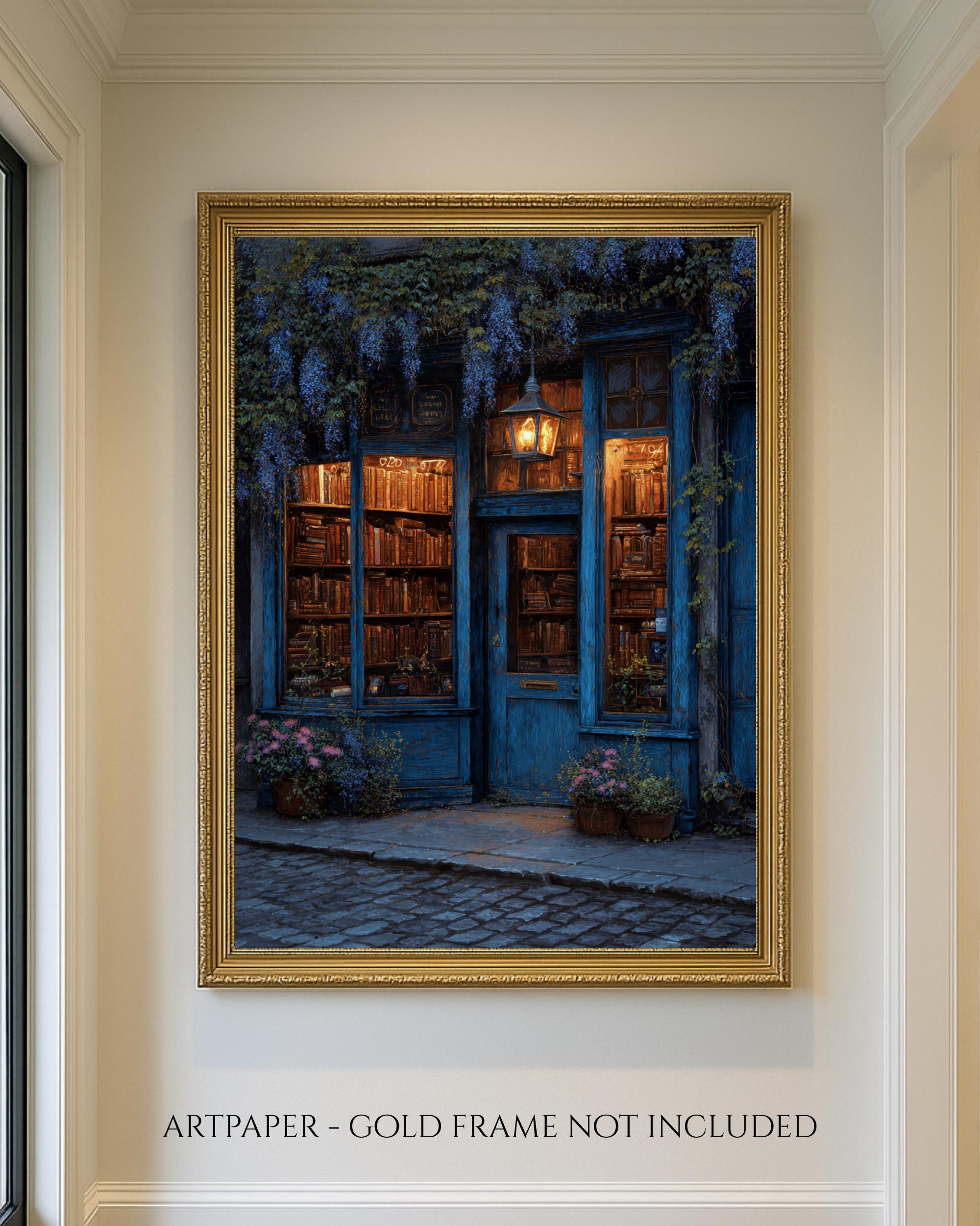 Blue Bookstore Art Print, Cozy Library Storefront Wall Art, Vintage Bookshop Oil Painting Style Secondary image