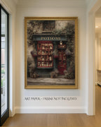 Vintage Apothecary Potion Storefront Art Print, Cobblestone Street Scene Painting
