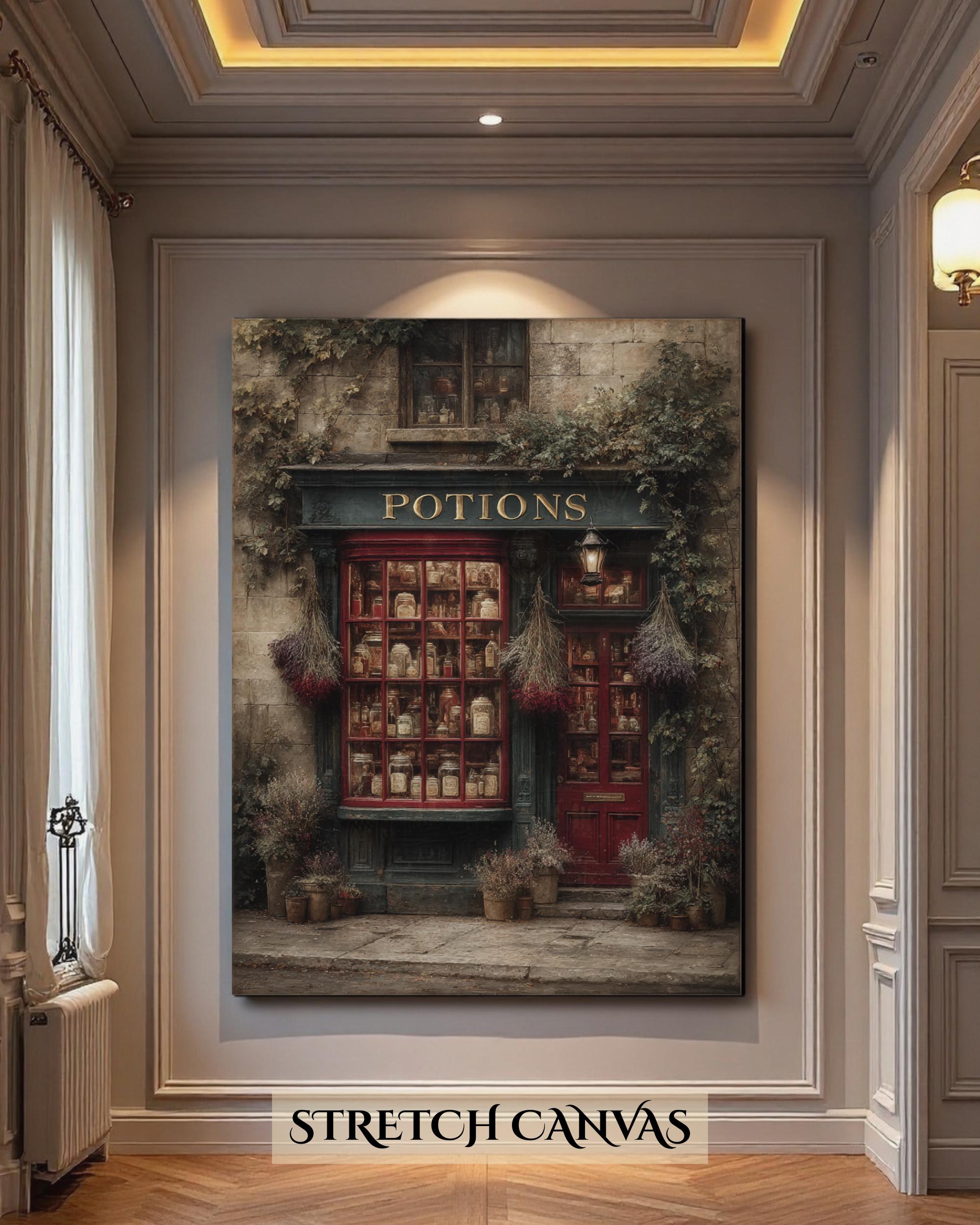Vintage Apothecary Potion Storefront Art Print, Cobblestone Street Scene Painting
