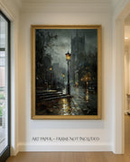 Victorian London Street Art Print, Gothic Cathedral, Rainy Cobblestone Decor