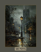 Victorian London Street Art Print, Gothic Cathedral, Rainy Cobblestone Decor