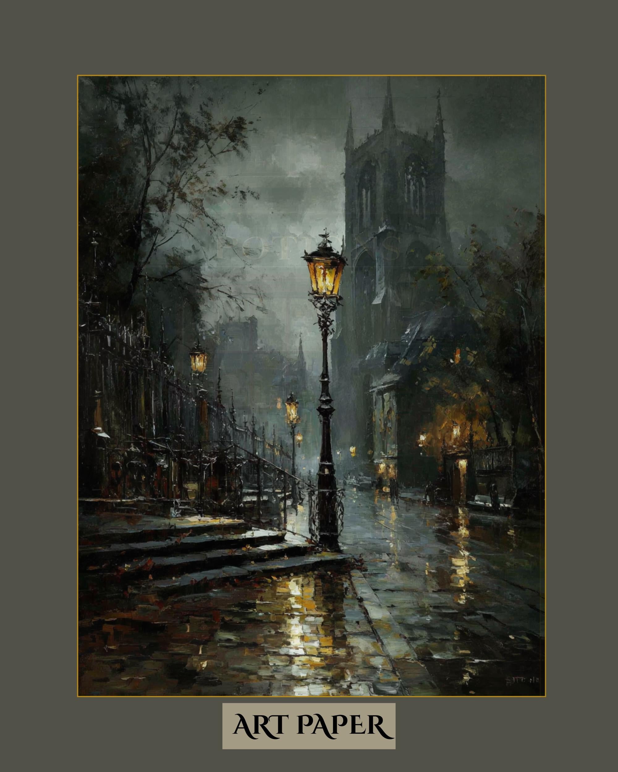 Victorian London Street Art Print, Gothic Cathedral, Rainy Cobblestone Decor