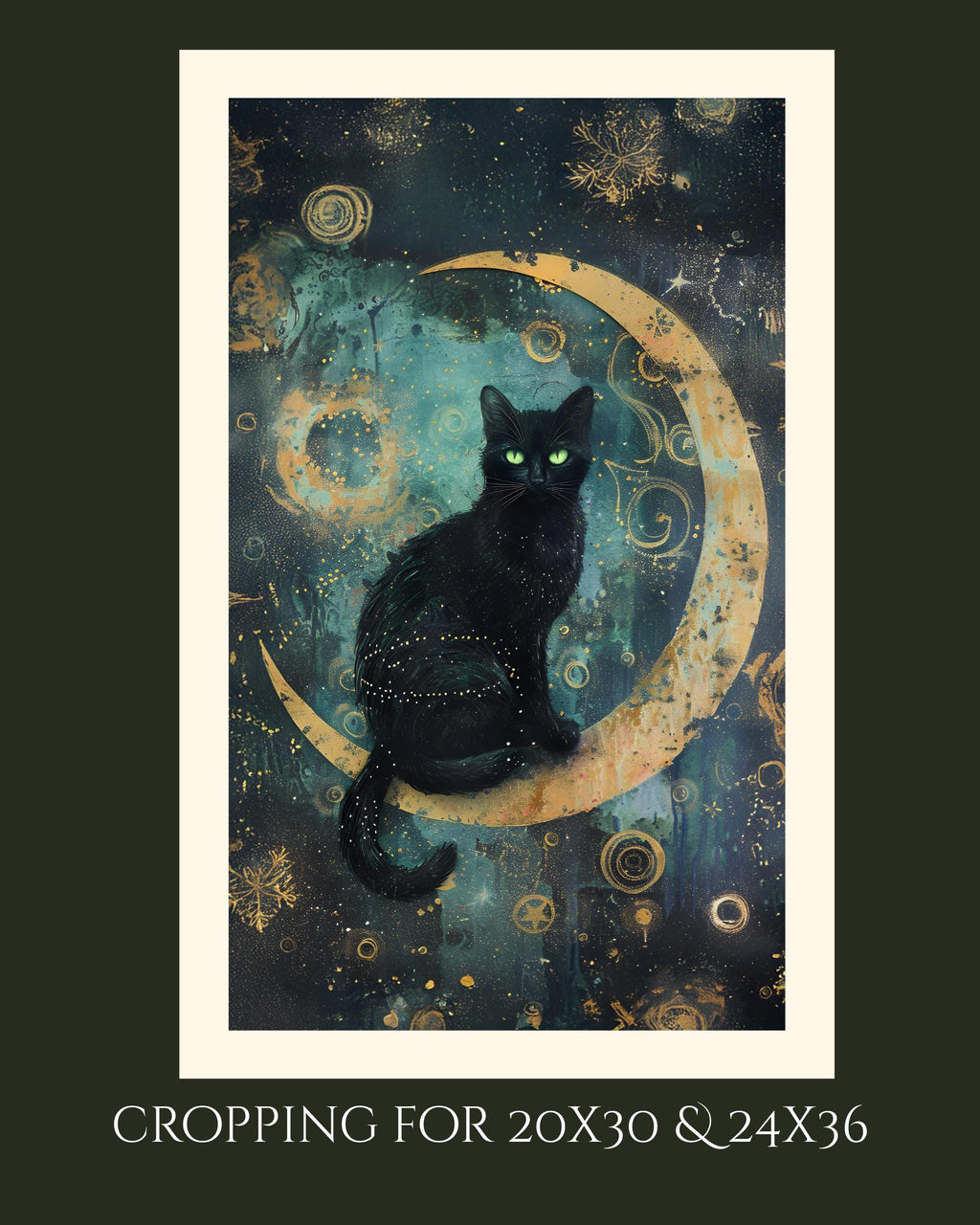 Black Cat on Crescent Moon Teal Art Print Mystical Celestial Dark Academia Wall Decor