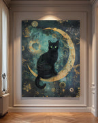 Black Cat on Crescent Moon Teal Art Print Mystical Celestial Dark Academia Wall Decor