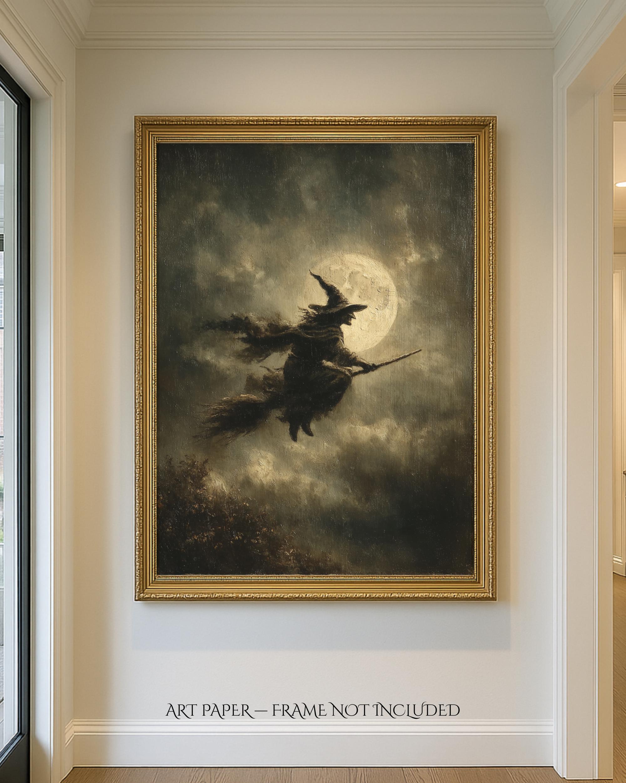 Vintage Witch Print, Flying Broomstick Silhouette, Full Moon Halloween Witchy Dark Moody Decor Secondary image