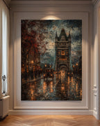 Tower Bridge London Art oil Painting Print, Rainy Night, Vintage Cars, Gothic Cityscape