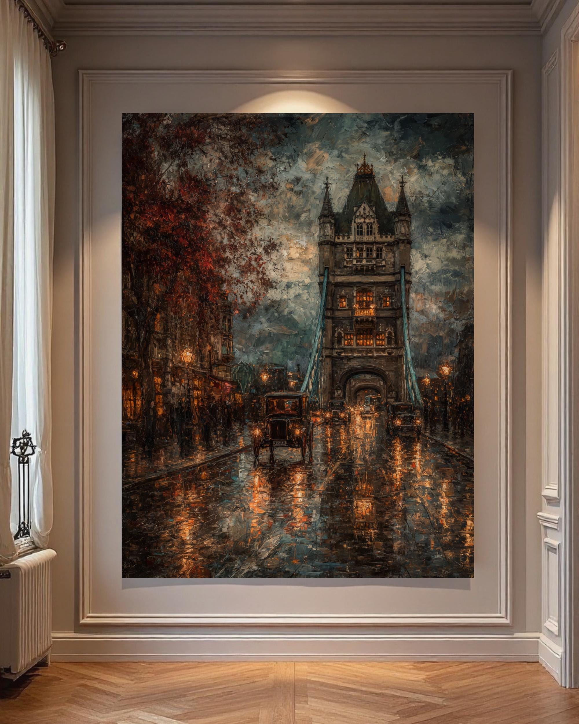 Tower Bridge London Art oil Painting Print, Rainy Night, Vintage Cars, Gothic Cityscape
