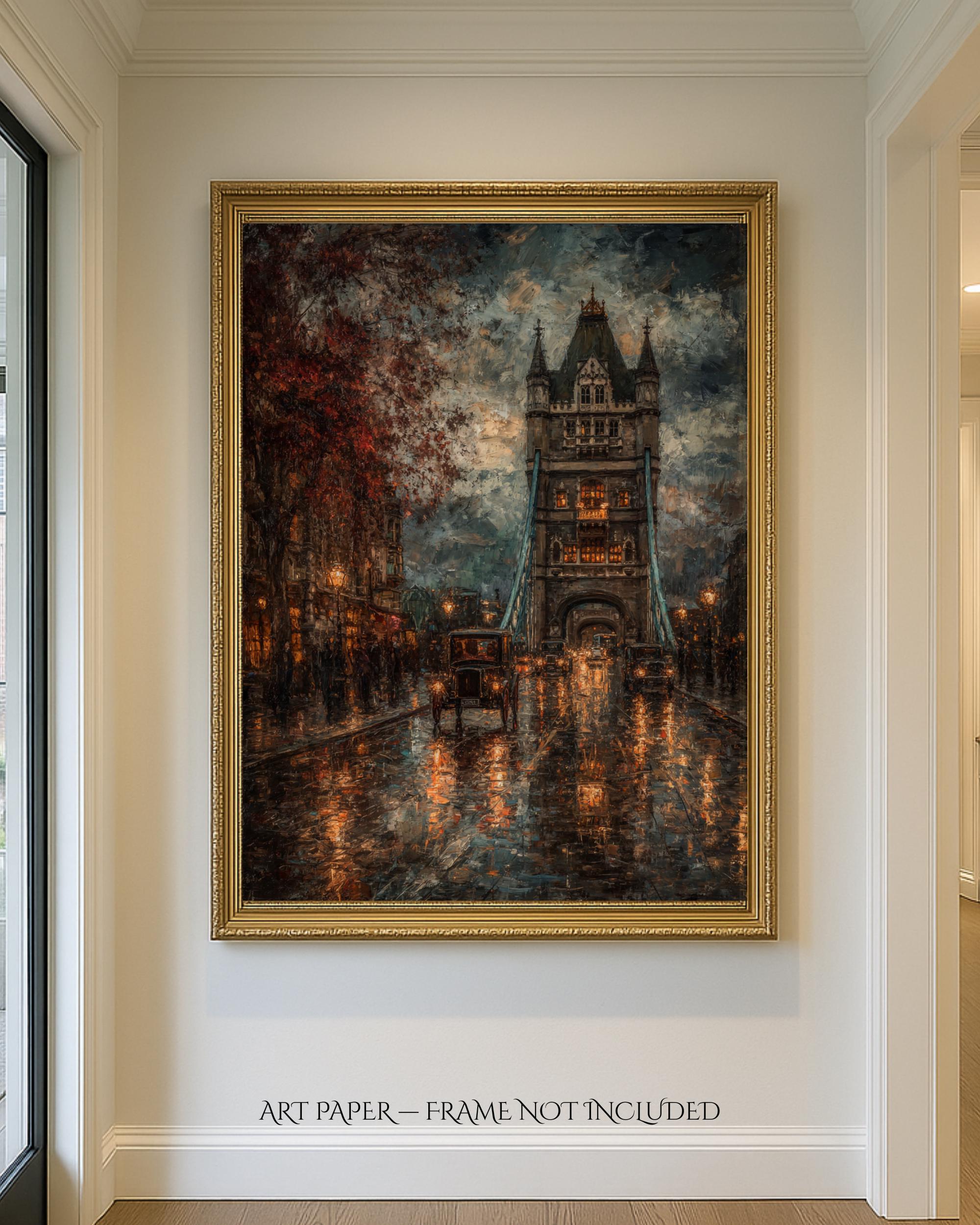Tower Bridge London Art oil Painting Print, Rainy Night, Vintage Cars, Gothic Cityscape Secondary image