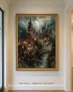Creepy Castle Wall Art Print, Dark Academia Decor, Medieval Fortress Printed Oil Painting
